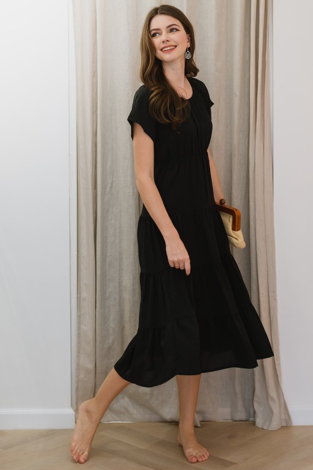 ACW Sleeve Elastic Tier Maxi Dress in Black
