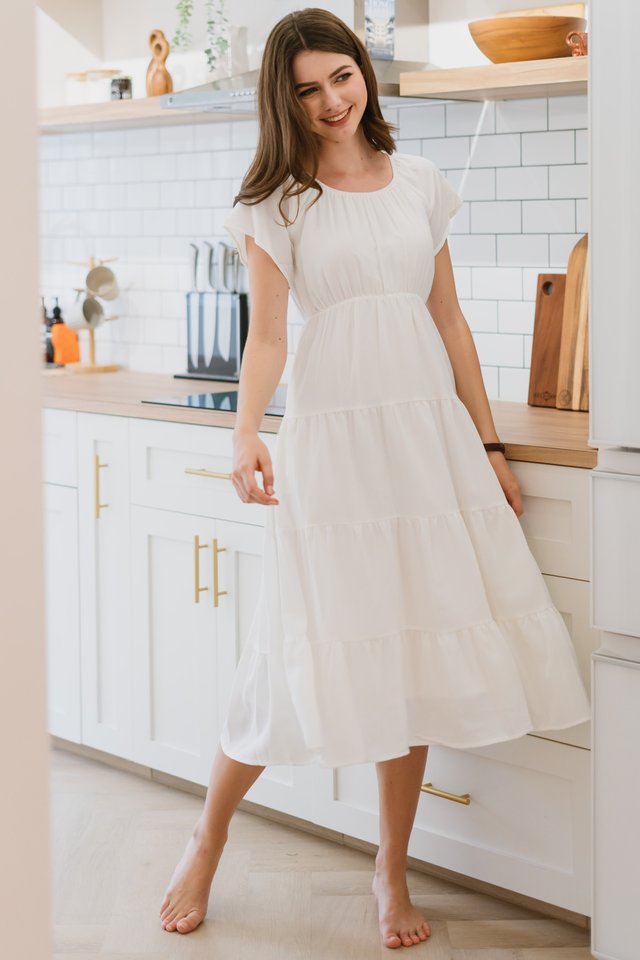 ACW Sleeve Elastic Tier Maxi Dress in White