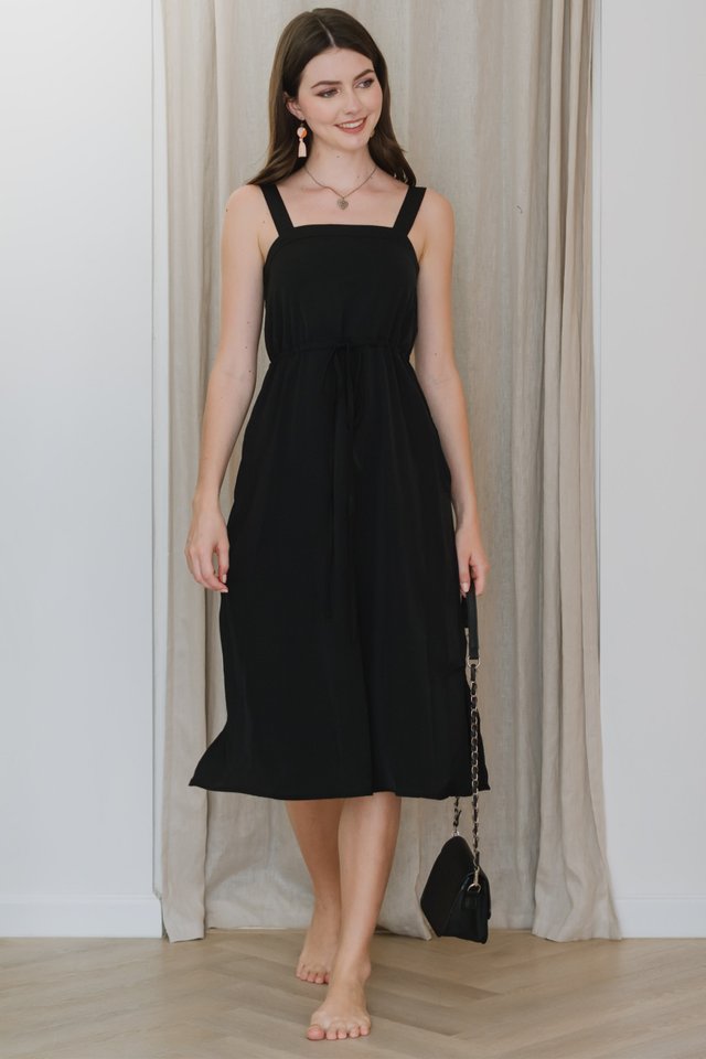ACW Thick Strap Drawstring Midi Dress in Black