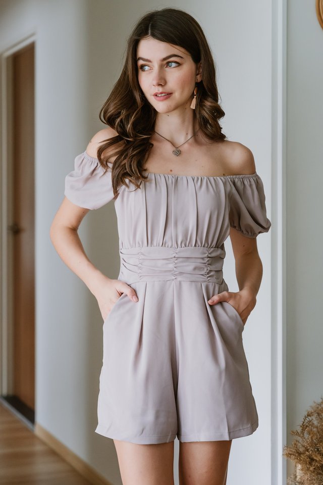 ACW Ruch Two Way Puff Sleeve Romper in Taupe