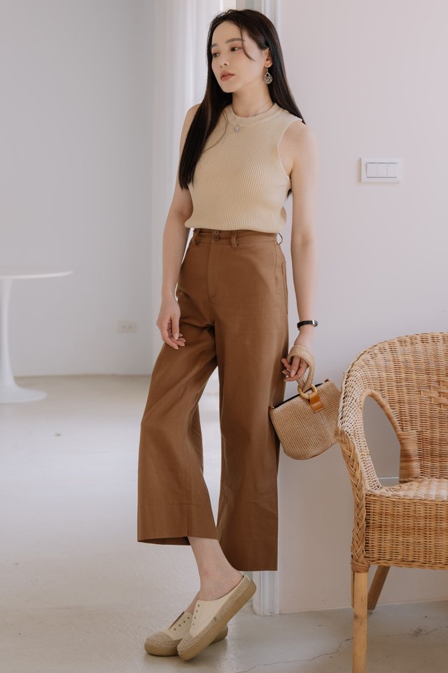 ACW Double Button Straight Cut Linen Trousers in Chocolate