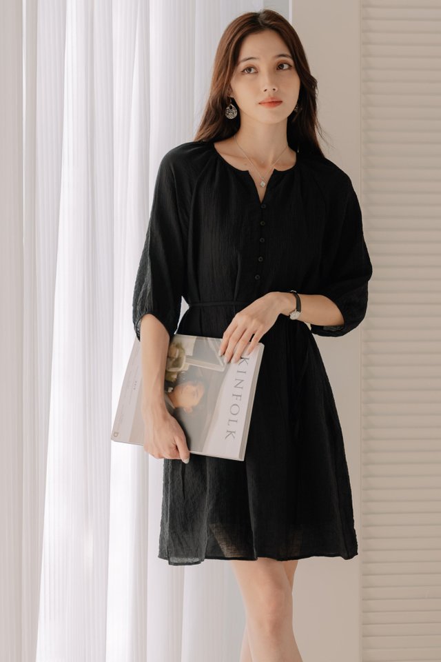 ACW Crepe Textured Button Down Dress in Black
