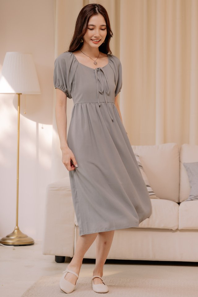 ACW Puff Sleeve Tie Front Flowy Midi Dress in Olive