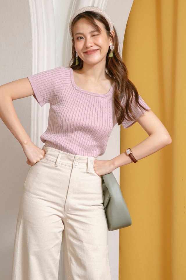 ACW Cable Knit Square Neck Cap Sleeve Top in Lavender
