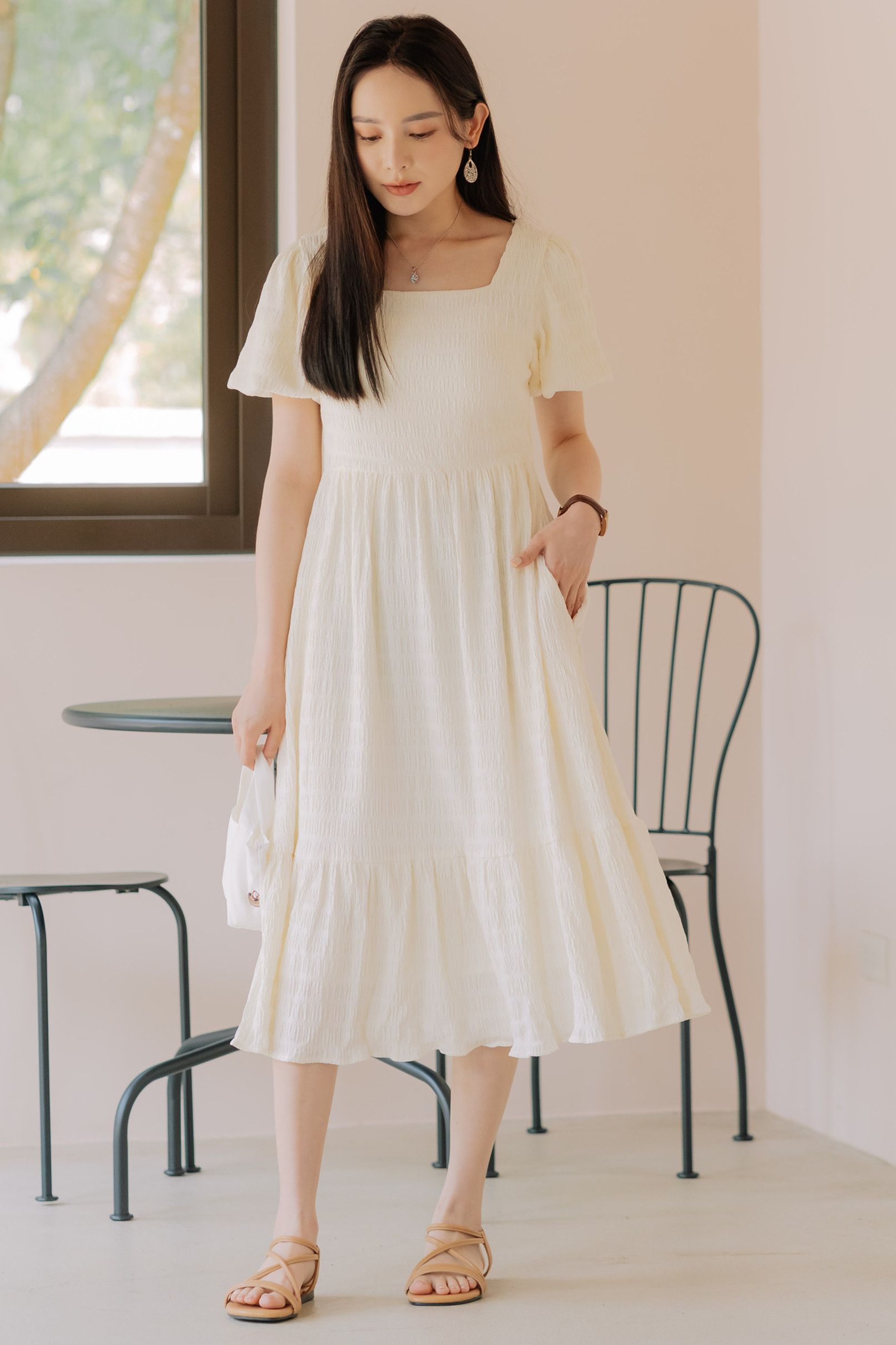 ACW Textured Drop Hem Puff Sleeve Maxi Dress in Ivory | Anticlockwise