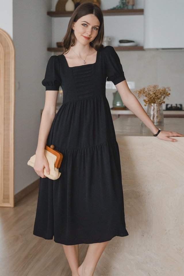 ACW Square Neck Panel Puff Sleeve Tiered Midi Dress in Black