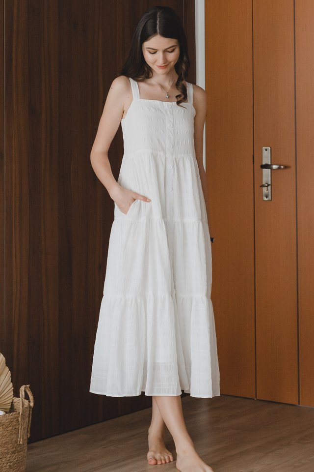 ACW Textured Thick Strap Button Flowy Maxi Dress in White