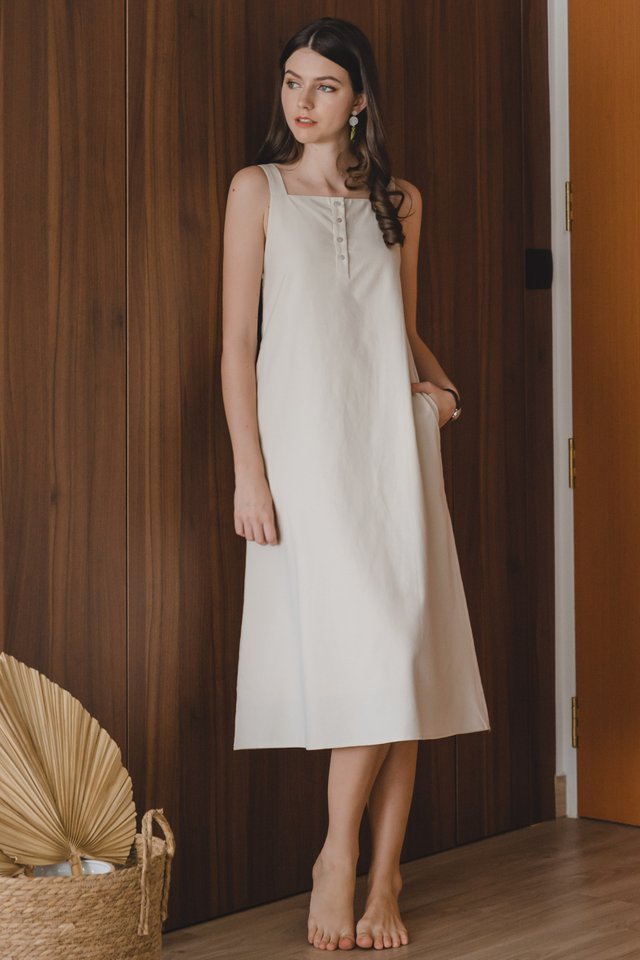 ACW Linen Button Down Thick Strap Midi Dress in Ivory