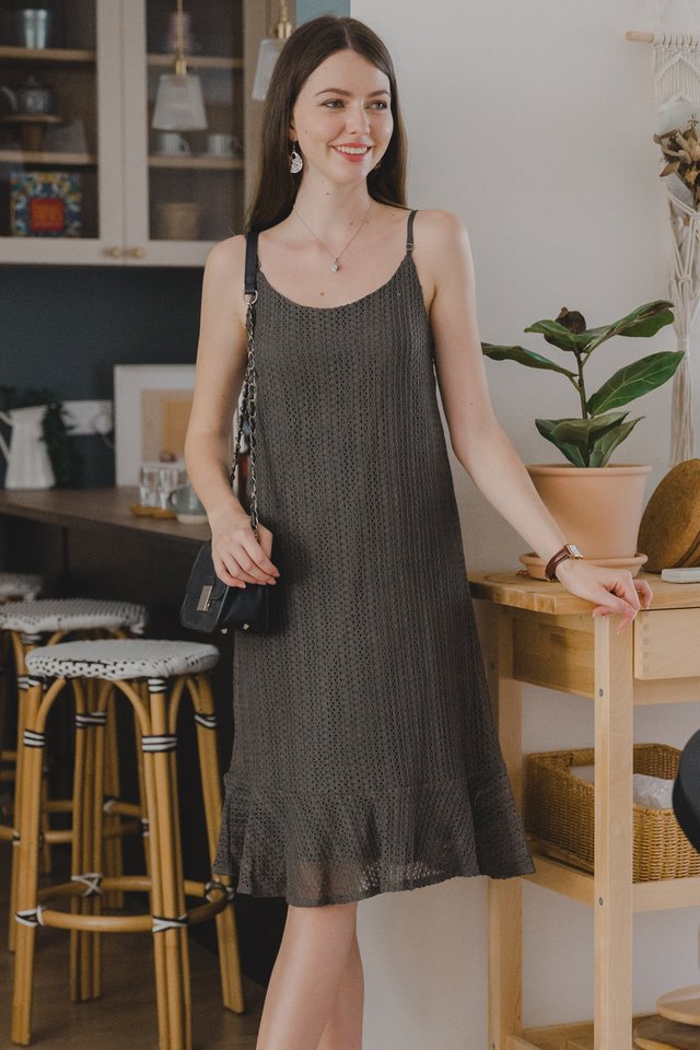 ACW Crotchet Asymmetrical Hem Midi Dress in Dark Grey