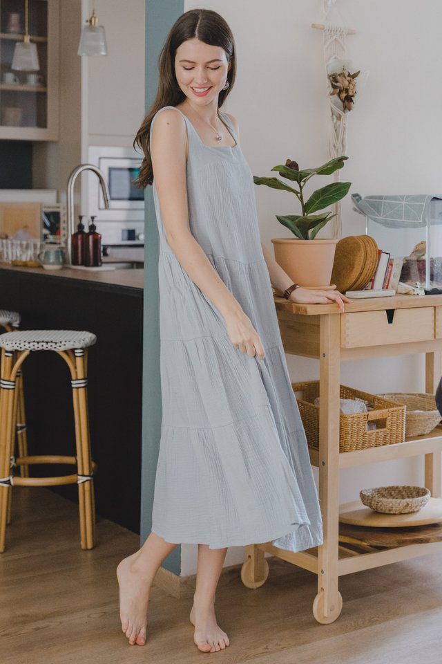 ACW Square Neck Flowy Layered Maxi Dress in Ash Blue