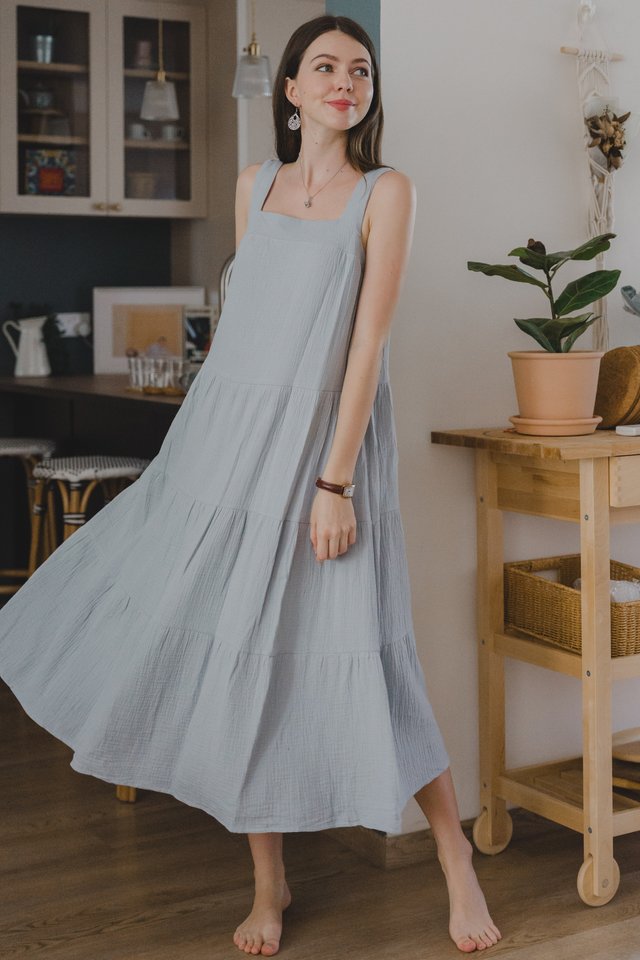 ACW Square Neck Flowy Layered Maxi Dress in Ash Blue
