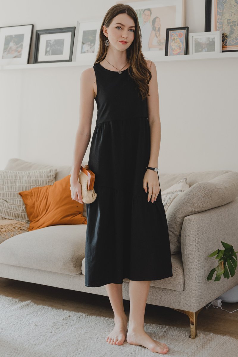 ACW Linen Asymmetrical Tiered Midi Dress in Black | Anticlockwise