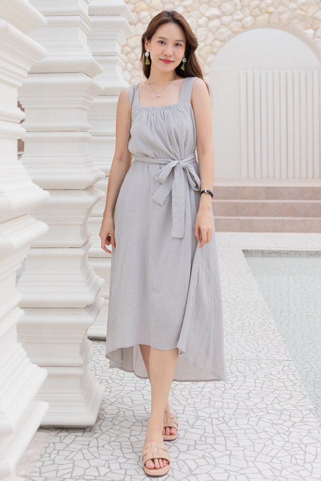 ACW Asymmetrical Sash Textured Maxi Dress in Grey