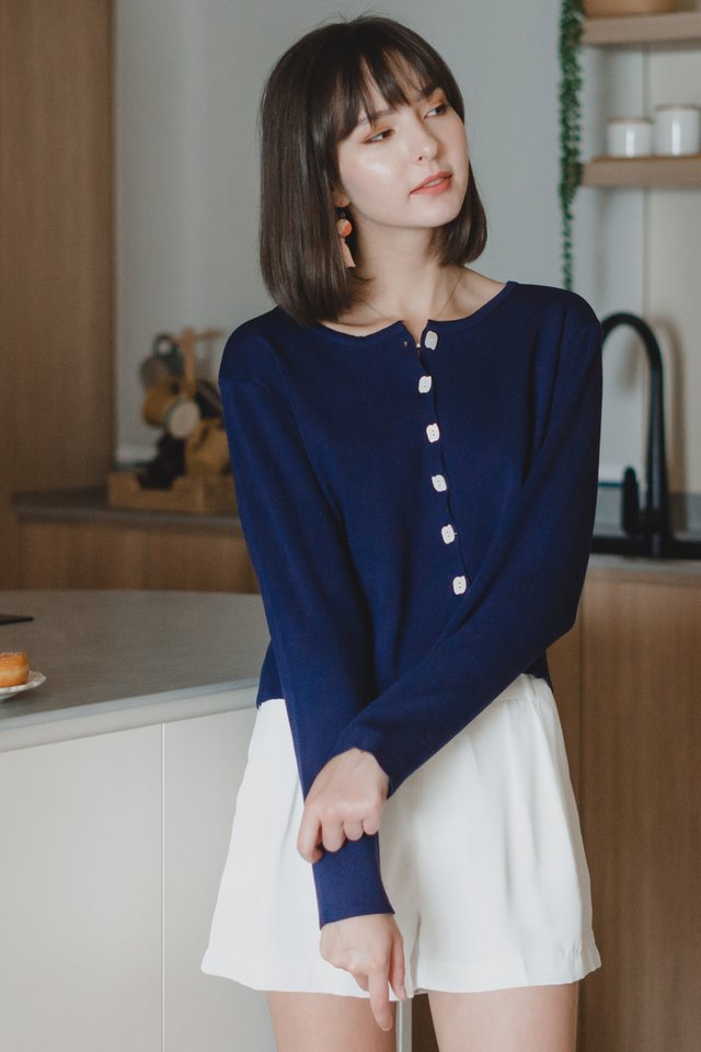 ACW Marble Button Down Cardigan Knit Top in Navy