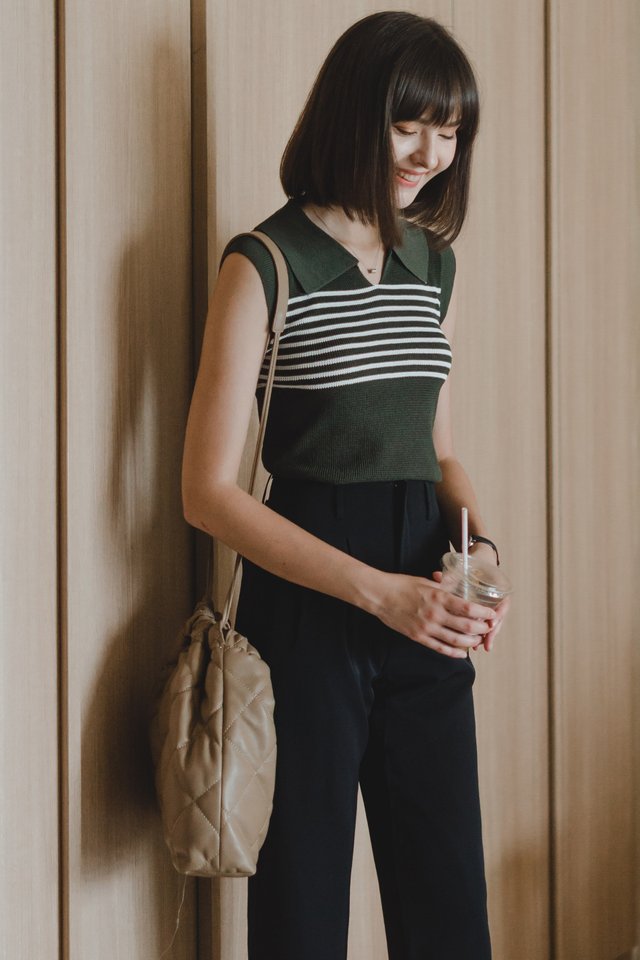 ACW Collar Stripe Sleeveless Knit Top in Olive 