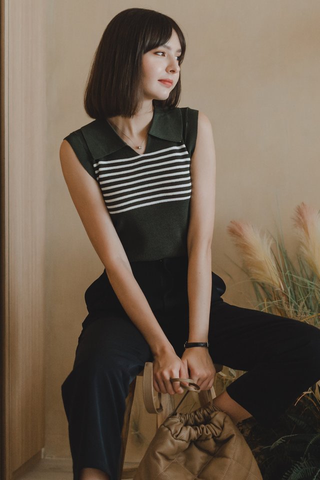 ACW Collar Stripe Sleeveless Knit Top in Olive 