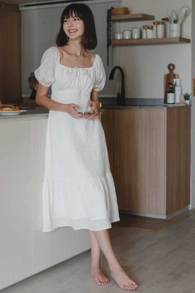 Textured Front Tie Ruched Puff Sleeve Midi Dress in White