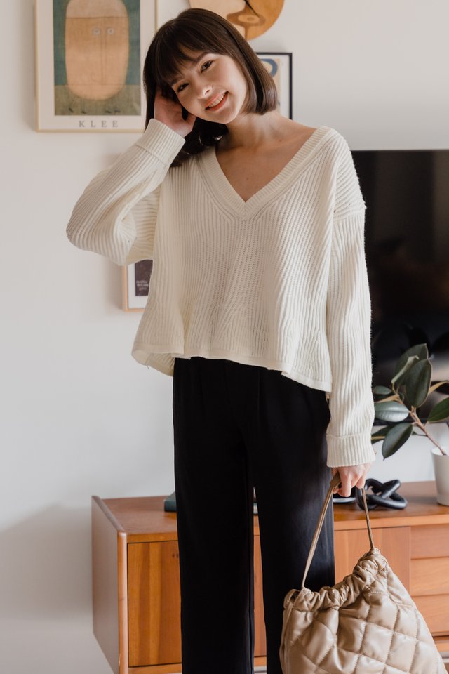 ACW V Neck Flounce Sweater in Ivory 