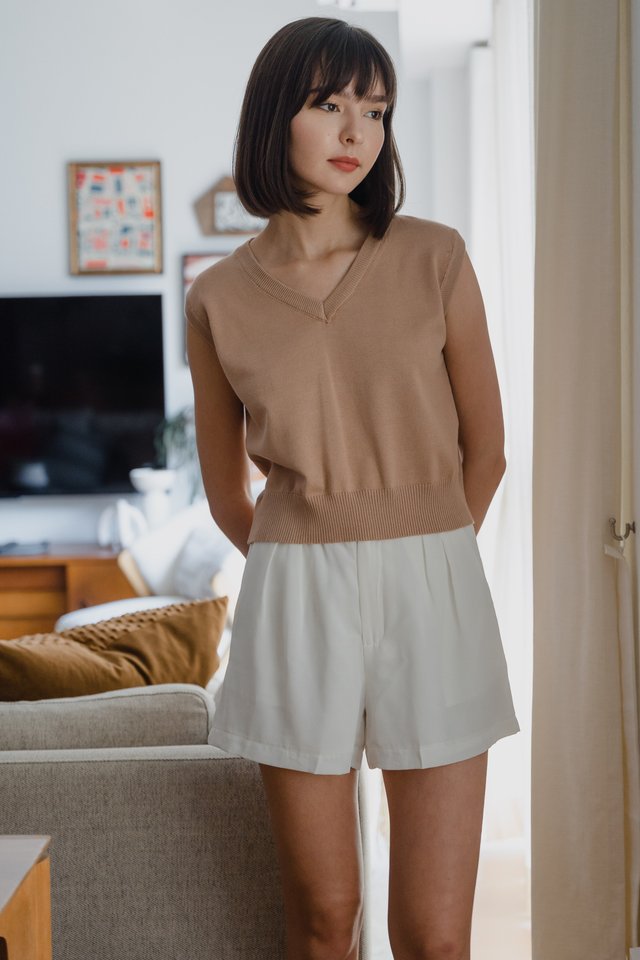 ACW Cuffed V Neck Knit Top in Taupe Sand