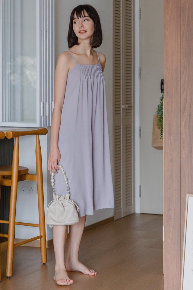 ACW Front Pleat Gathered Cami Midi Dress in Dove Grey