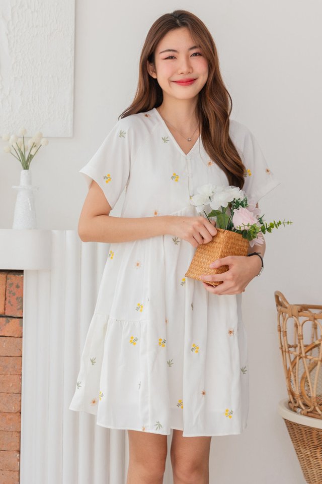 ACW Warm Spring Embroidery Button Flutter Sleeve Babydoll Dress