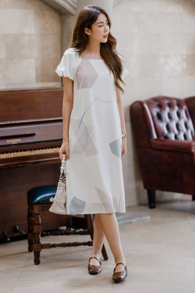 *BACK IN STOCK* ACW Holiday Abstract Puff Sleeve Sash Midi Dress in White