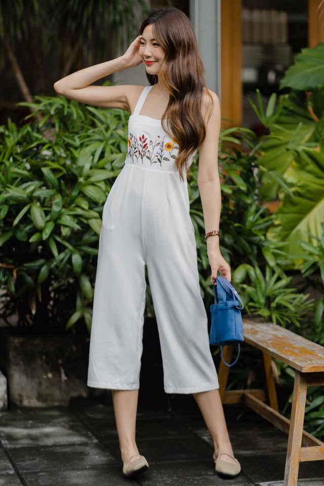 ACW Embroidered Thick Strap Square Neck Jumpsuit in White