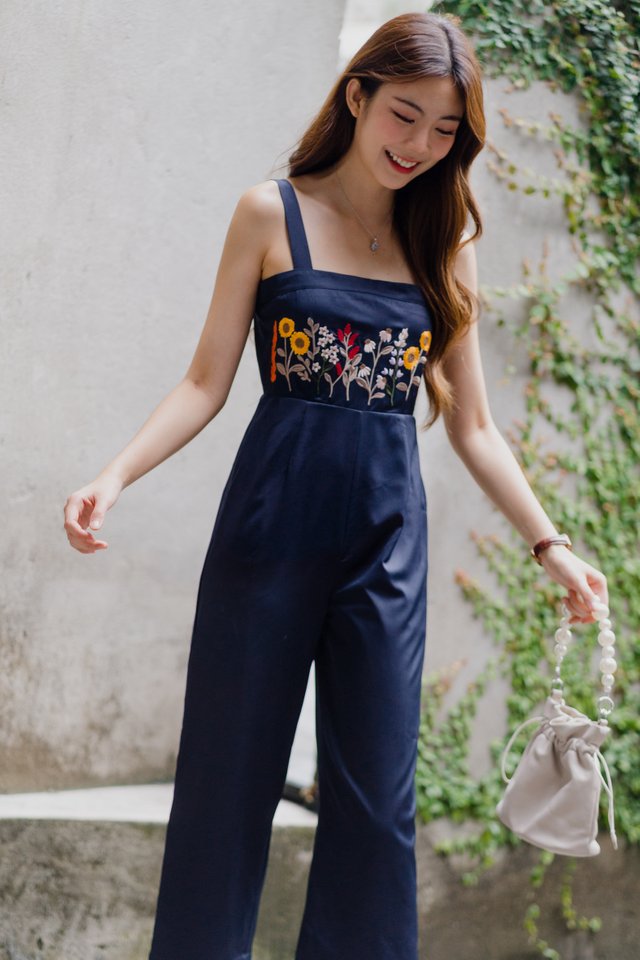 ACW Embroidered Thick Strap Square Neck Jumpsuit in Navy
