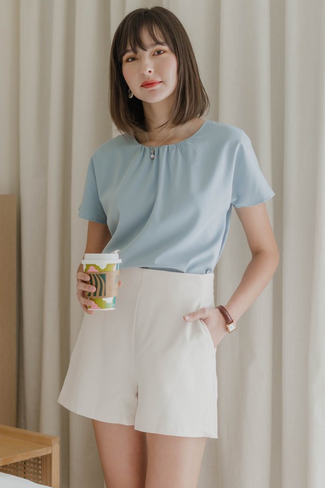 ACW Ruched Neckline Sleeved Box Top in Power Blue