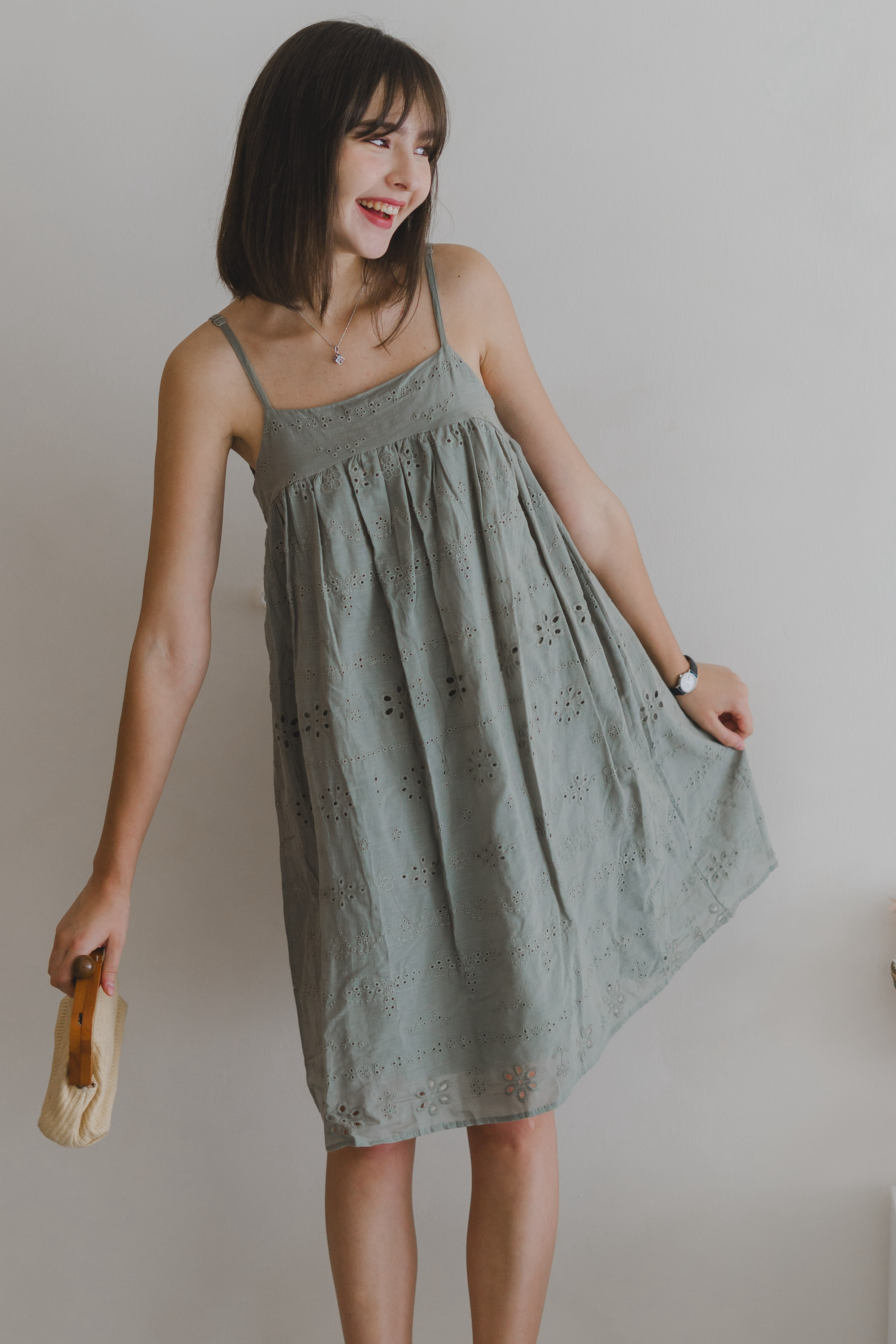 ACW Eyelet Cami Panel Babydoll Mini Dress in Olive | Anticlockwise