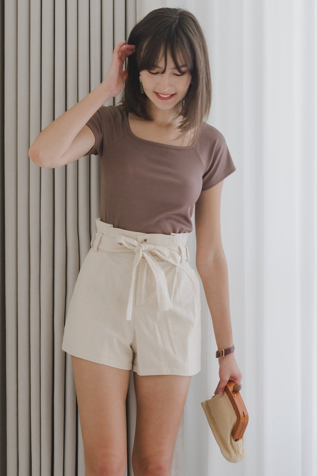 ACW Soft Ribbed Square Neck Knit Top in Mocha