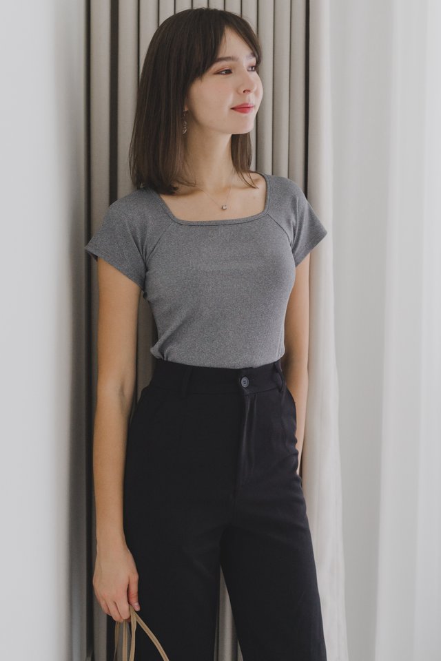 ACW Soft Ribbed Square Neck Knit Top in Dark Grey