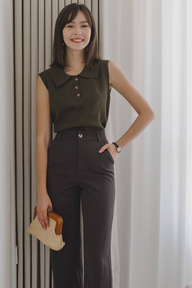 *Preorder* ACW Button Down Sleeveless Collar Knit Top in Olive 