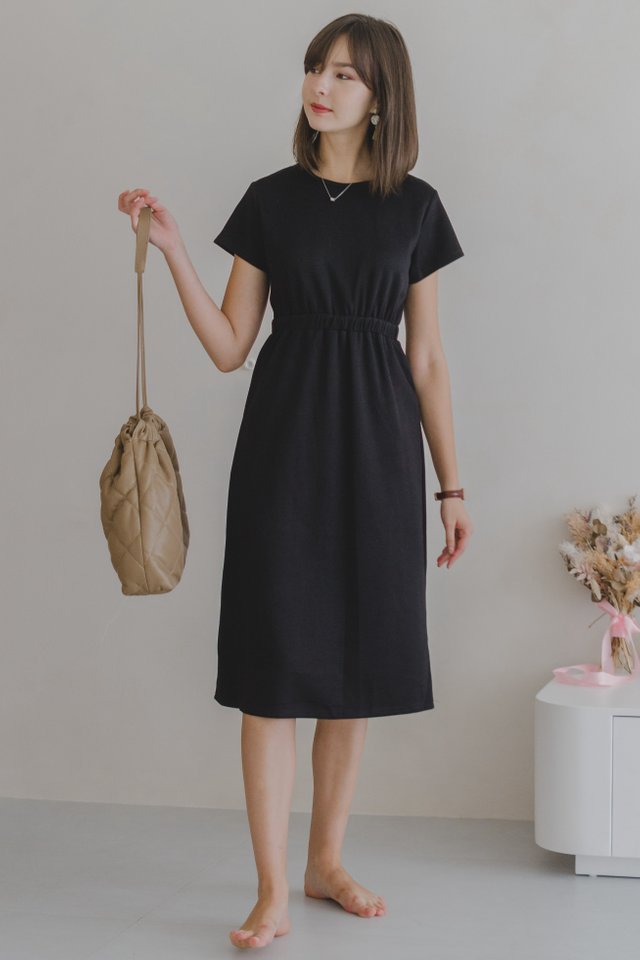 ACW Elastic Waist Knitted Midi Sleeve Dress in Black