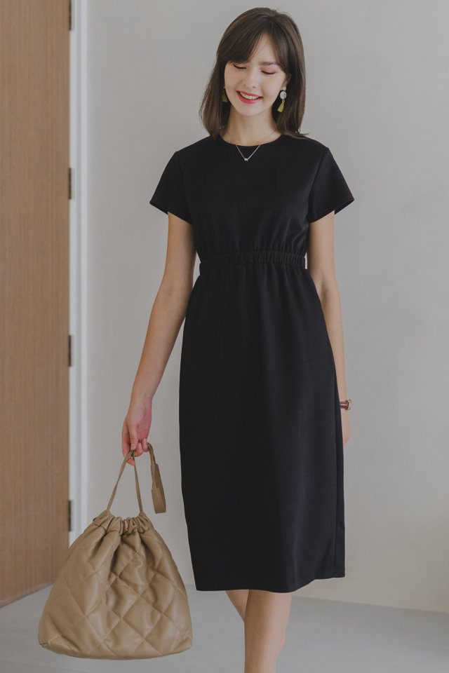 ACW Elastic Waist Knitted Midi Sleeve Dress in Black