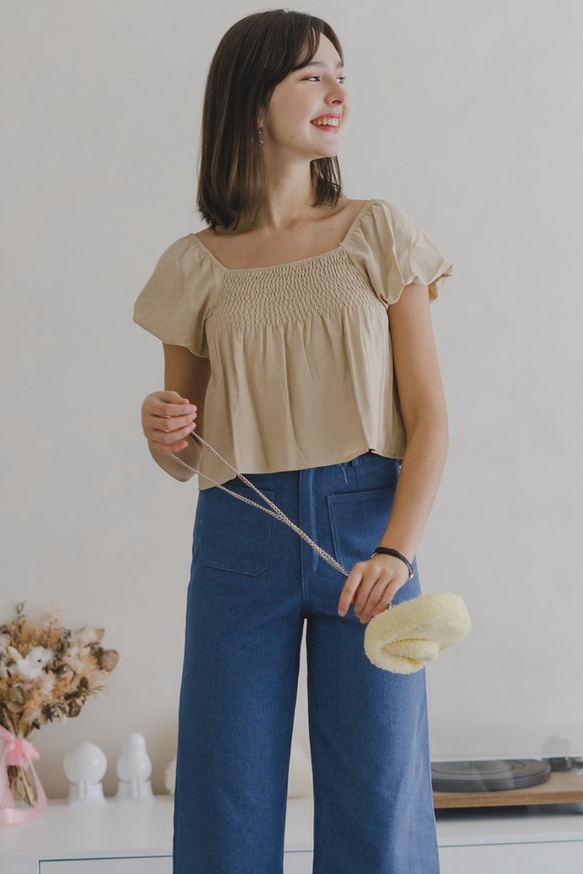 ACW Smock Detail Puff Sleeve Swing Top in Sand