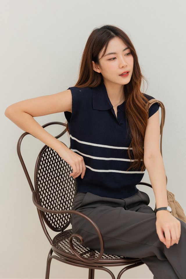 ACW Striped Slouchy Knit Collar Top in Navy 