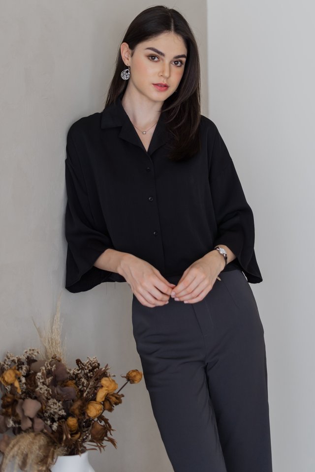 ACW Button Panel Slouchy Collar Blouse in Black