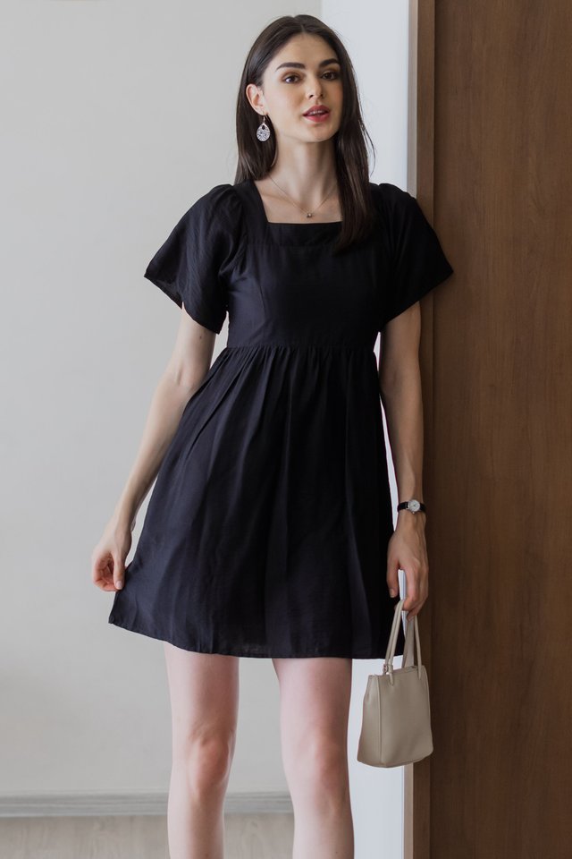 ACW Square Neck Flutter Sleeve Mini Dress in Black