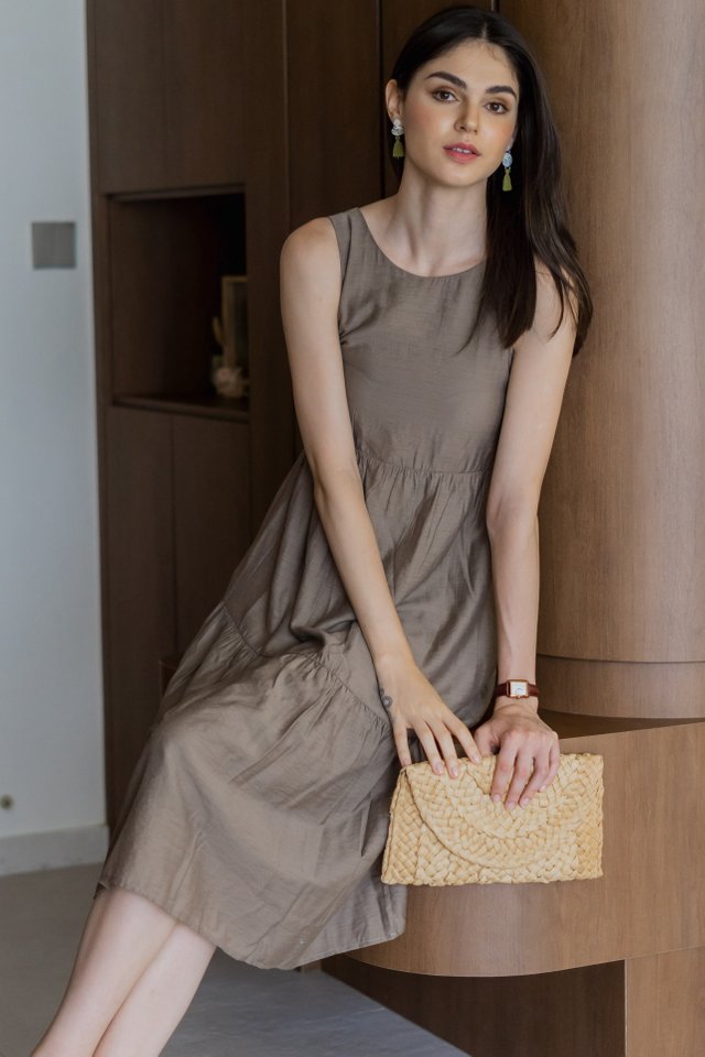 ACW Asymmetrical Tier Midi Dress in Olive Brown