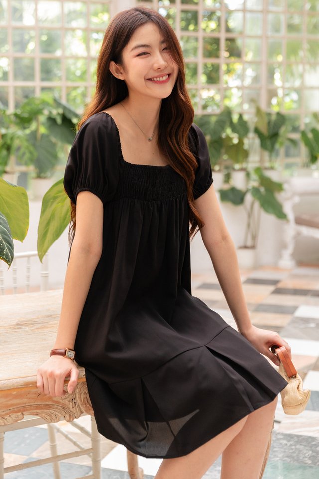 *Preorder* ACW Puff Sleeve Smock Babydoll Dress in Black