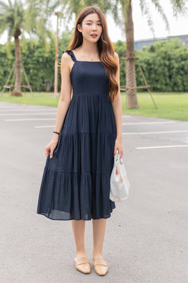 ACW Flutter Strap Tiered Maxi Dress in Navy