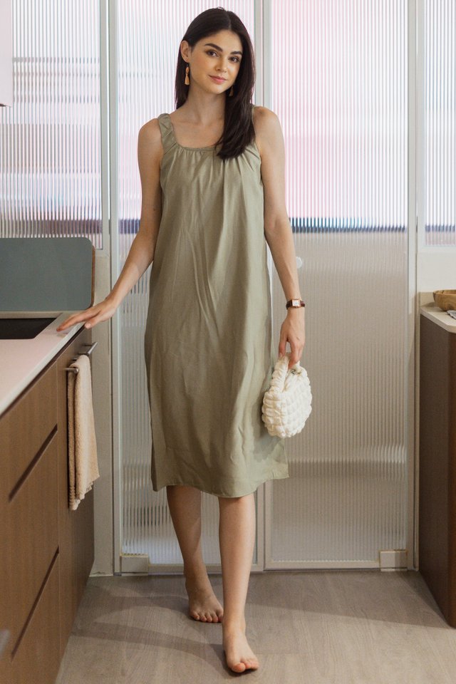 ACW Pleated U Neck Midi Dress in Olive