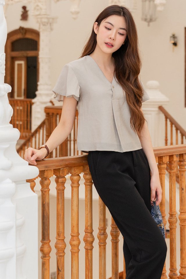 ACW Flutter Sleeve Button Tab Blouse in Grey