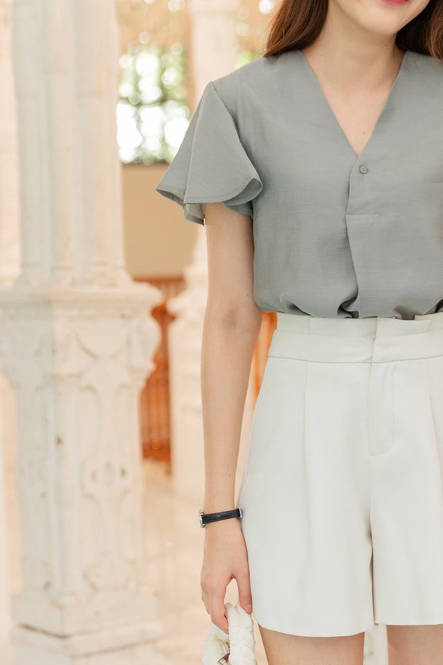 ACW Flutter Sleeve Button Tab Blouse in Ash Blue