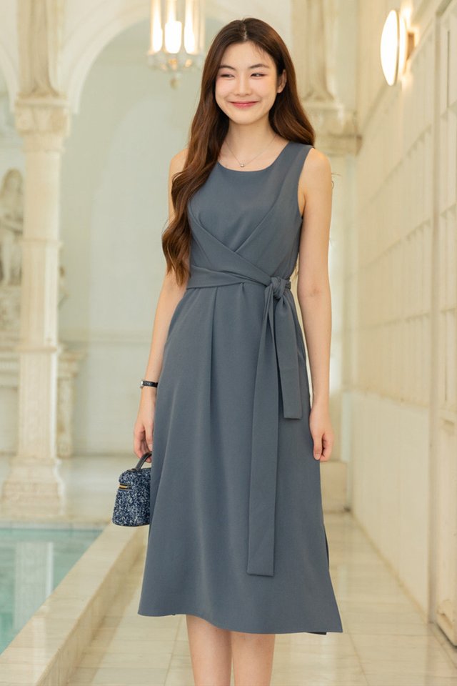ACW Knot Twisted Wrap Midi Dress in Stone Blue 