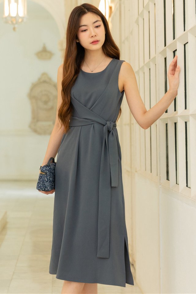 ACW Knot Twisted Wrap Midi Dress in Stone Blue 