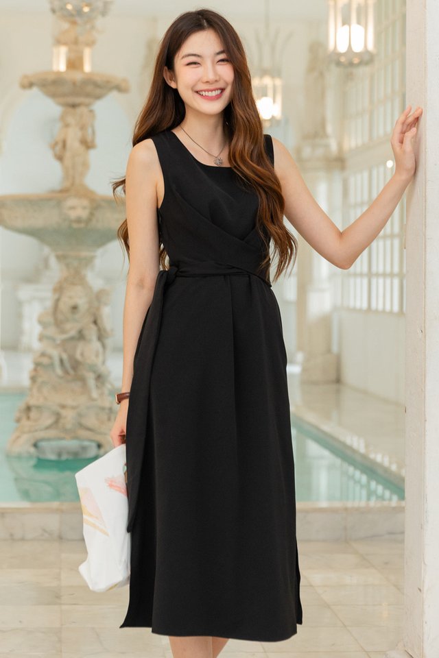 ACW Knot Twisted Wrap Midi Dress in Black 