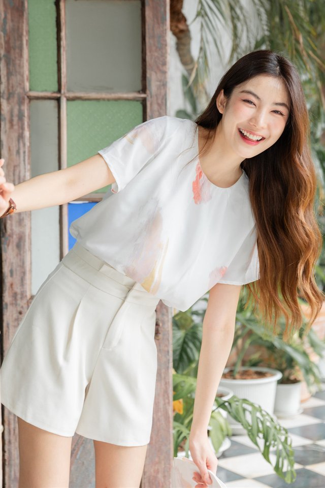 ACW Orange Bloom Ruched Neckline Sleeved Box Top 
