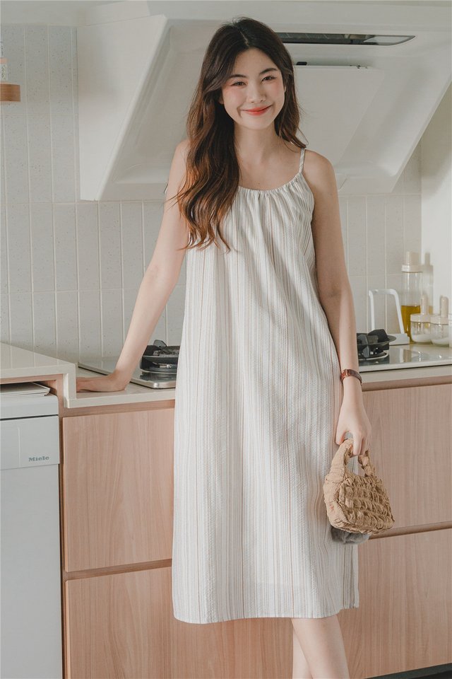 ACW Pinstripe Curve Neckline Midi Dress in Brown 
